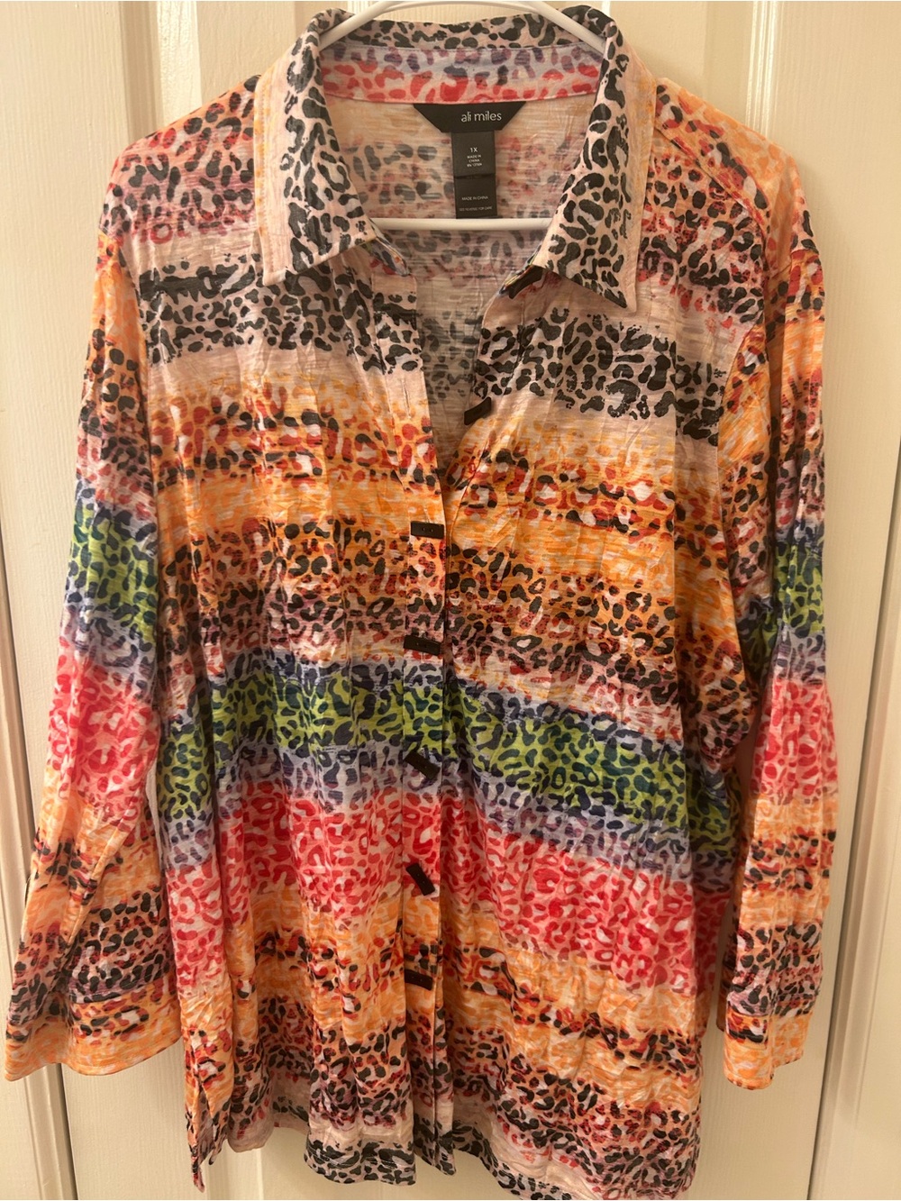 Ali Miles Coral, Navy and Black Leopard Stripe Button-Up